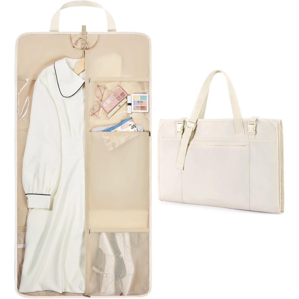 image:imageBAGSMART Garment Bags for Travel Foldable Carry on Suit Carrier for Hanging Clothes Stylish Dress Carrier Large Convertible Weekender Garment Bags for Women MenSleek Beige