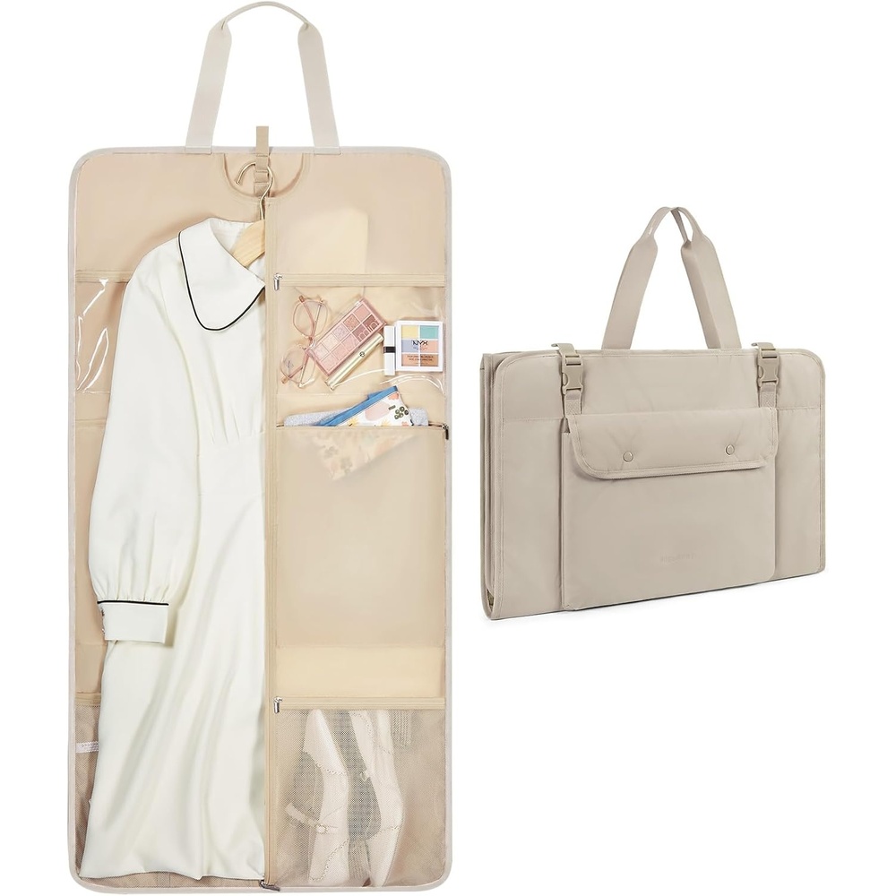 image:imageBAGSMART Garment Bags for Travel Foldable Carry on Suit Carrier for Hanging Clothes Stylish Dress Carrier Large Convertible Weekender Garment Bags for Women MenPuffy Camel
